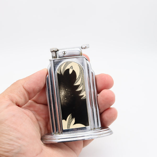 OTIS 1929 Art-Deco Skyscraper Egg-Shell Lacquer Desk Table Lighter In Chromed Steel