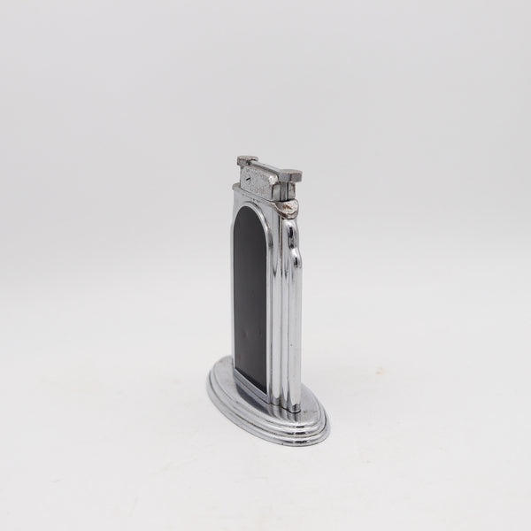 OTIS 1929 Art-Deco Skyscraper Black Lacquered Desk Table Lighter In Chromed Steel
