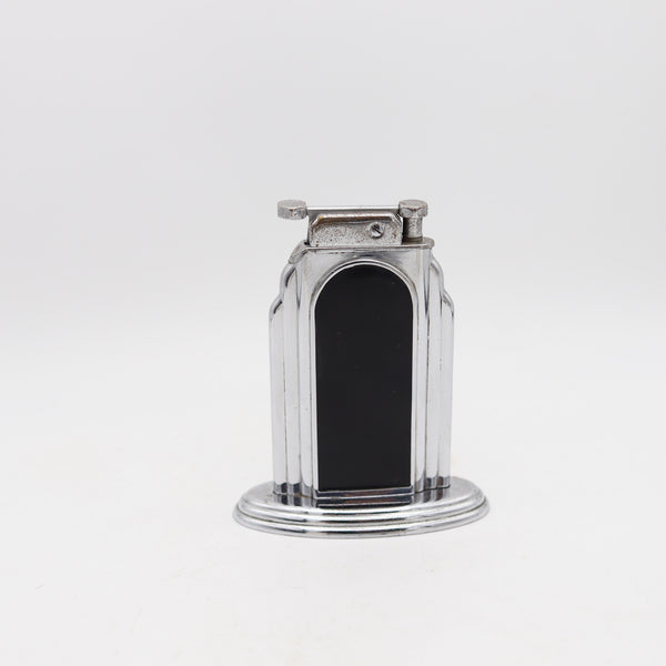 OTIS 1929 Art-Deco Skyscraper Black Lacquered Desk Table Lighter In Chromed Steel