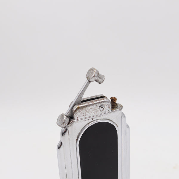 OTIS 1929 Art-Deco Skyscraper Black Lacquered Desk Table Lighter In Chromed Steel