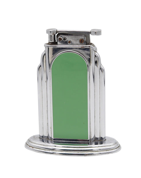 OTIS 1929 Art-Deco Skyscraper Green Lacquered Desk Table Lighter In Chromed Steel