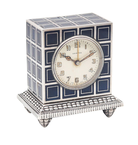 -Zenith 1930 Art Deco Enameled Miniature Travel Alarm Clock In .925 Sterling