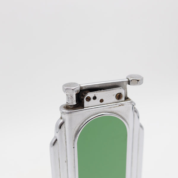 OTIS 1929 Art-Deco Skyscraper Green Lacquered Desk Table Lighter In Chromed Steel