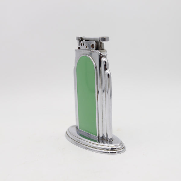 OTIS 1929 Art-Deco Skyscraper Green Lacquered Desk Table Lighter In Chromed Steel