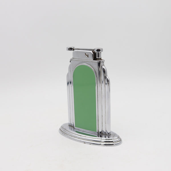 OTIS 1929 Art-Deco Skyscraper Green Lacquered Desk Table Lighter In Chromed Steel