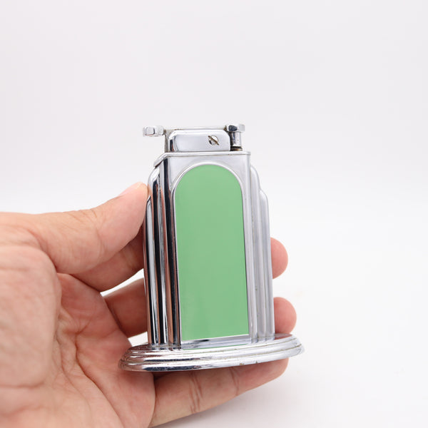 OTIS 1929 Art-Deco Skyscraper Green Lacquered Desk Table Lighter In Chromed Steel