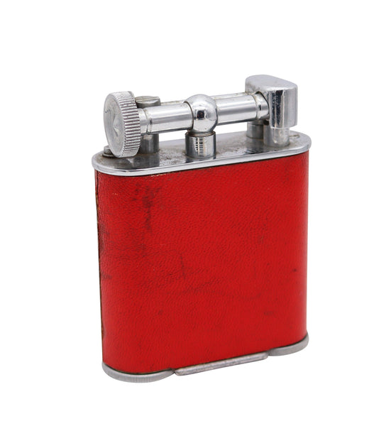 THE CLASSIC London 1928 Desk Petrol Roller Lighter Plated Steel & Red Leather