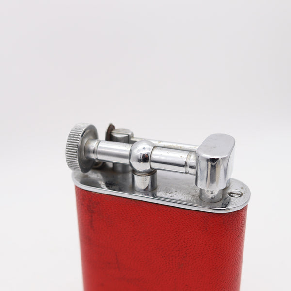THE CLASSIC London 1928 Desk Petrol Roller Lighter Plated Steel & Red Leather