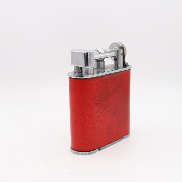 THE CLASSIC London 1928 Desk Petrol Roller Lighter Plated Steel & Red Leather