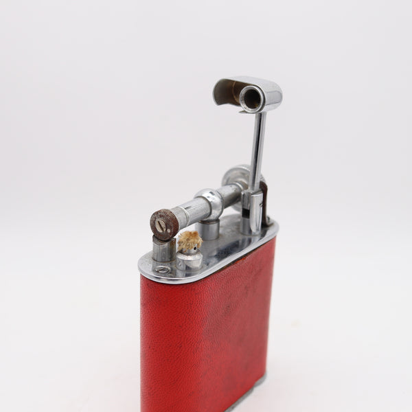 THE CLASSIC London 1928 Desk Petrol Roller Lighter Plated Steel & Red Leather