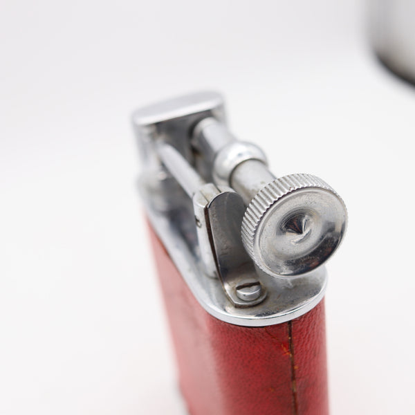 THE CLASSIC London 1928 Desk Petrol Roller Lighter Plated Steel & Red Leather