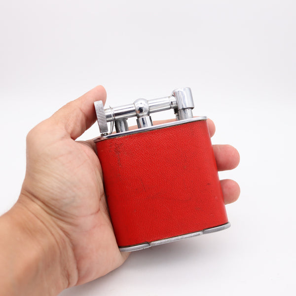 THE CLASSIC London 1928 Desk Petrol Roller Lighter Plated Steel & Red Leather
