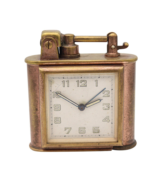 LANCEL Paris 1935 Desk Table Petrol Lighter With Square Clock In Gilt Brass