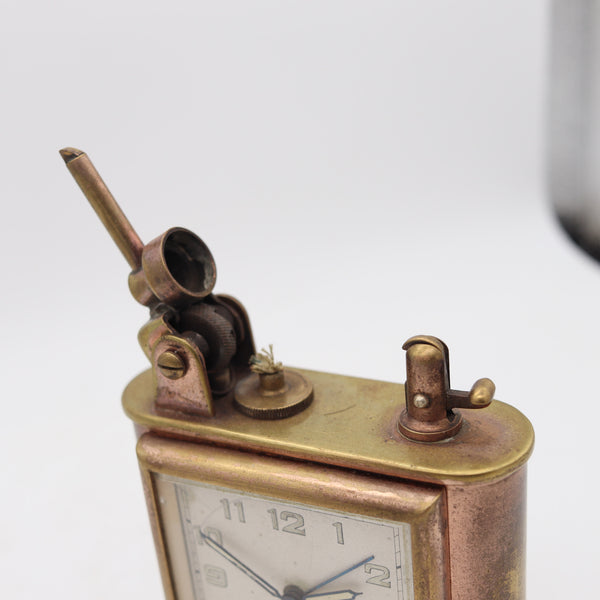 LANCEL Paris 1935 Desk Table Petrol Lighter With Square Clock In Gilt Brass
