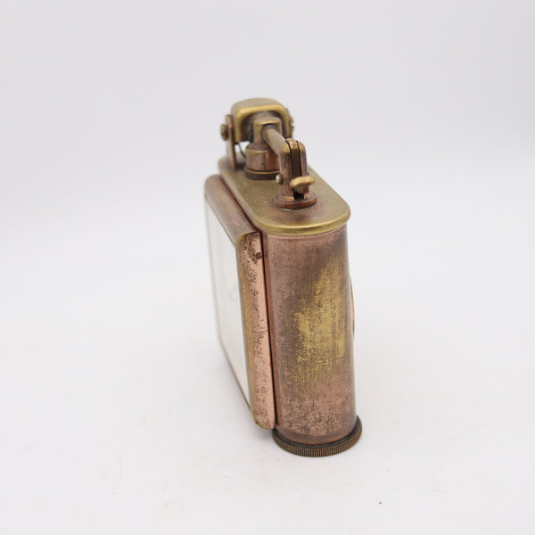 LANCEL Paris 1935 Desk Table Petrol Lighter With Square Clock In Gilt Brass