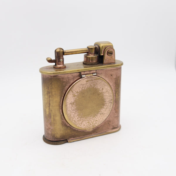 LANCEL Paris 1935 Desk Table Petrol Lighter With Square Clock In Gilt Brass