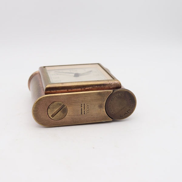 LANCEL Paris 1935 Desk Table Petrol Lighter With Square Clock In Gilt Brass