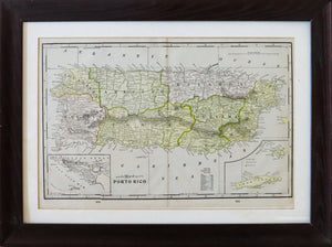 -Puerto Rico 1900 Original Antique Map Of The Island Framed In Wood