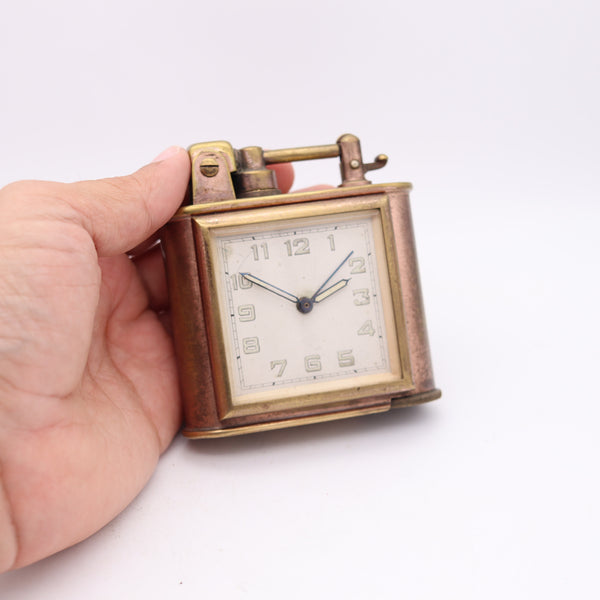 LANCEL Paris 1935 Desk Table Petrol Lighter With Square Clock In Gilt Brass