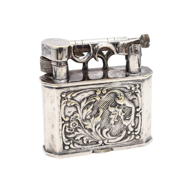 CONQUISTADOR 1930 Spanish Art-Deco Lift Arm Desk Petrol Lighter In Silver