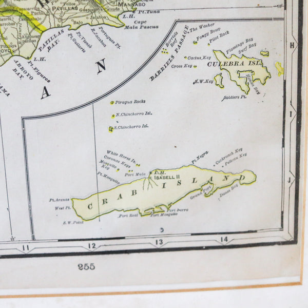 -Puerto Rico 1900 Original Antique Map Of The Island Framed In Wood