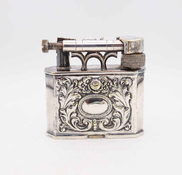 CONQUISTADOR 1930 Spanish Art-Deco Lift Arm Desk Petrol Lighter In Silver