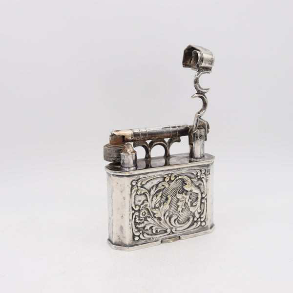 CONQUISTADOR 1930 Spanish Art-Deco Lift Arm Desk Petrol Lighter In Silver