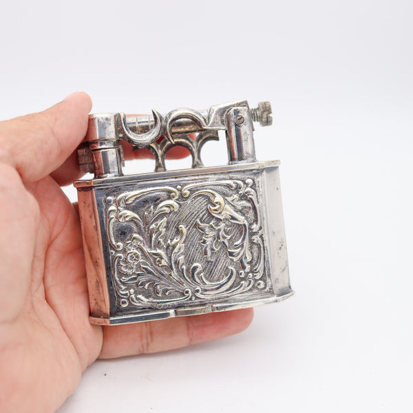 CONQUISTADOR 1930 Spanish Art-Deco Lift Arm Desk Petrol Lighter In Silver