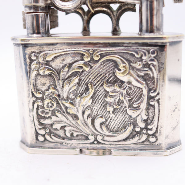 CONQUISTADOR 1930 Spanish Art-Deco Lift Arm Desk Petrol Lighter In Silver