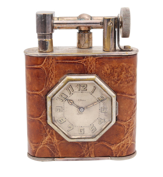 THE CLASSIC London 1928 Desk Petrol Roller Lighter-Clock In Silver & Lizard