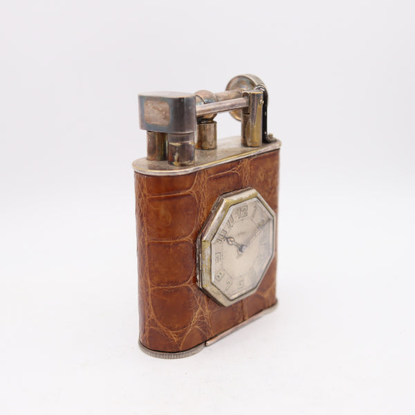 THE CLASSIC London 1928 Desk Petrol Roller Lighter-Clock In Silver & Lizard