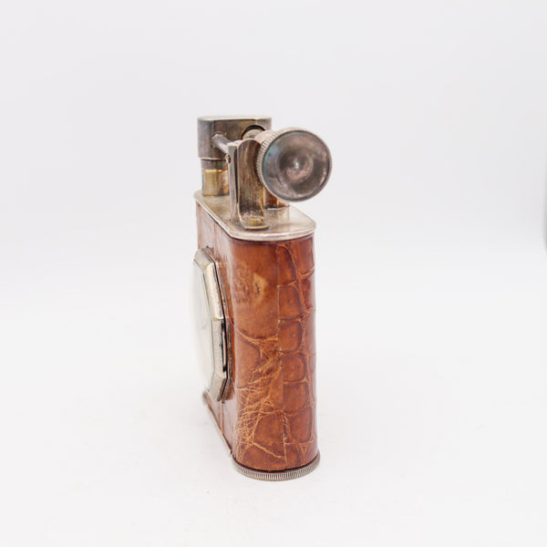THE CLASSIC London 1928 Desk Petrol Roller Lighter-Clock In Silver & Lizard