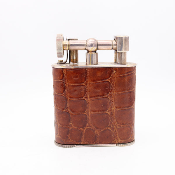 THE CLASSIC London 1928 Desk Petrol Roller Lighter-Clock In Silver & Lizard