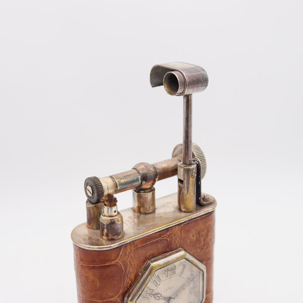 THE CLASSIC London 1928 Desk Petrol Roller Lighter-Clock In Silver & Lizard