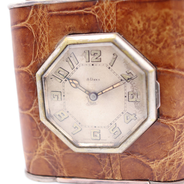 THE CLASSIC London 1928 Desk Petrol Roller Lighter-Clock In Silver & Lizard