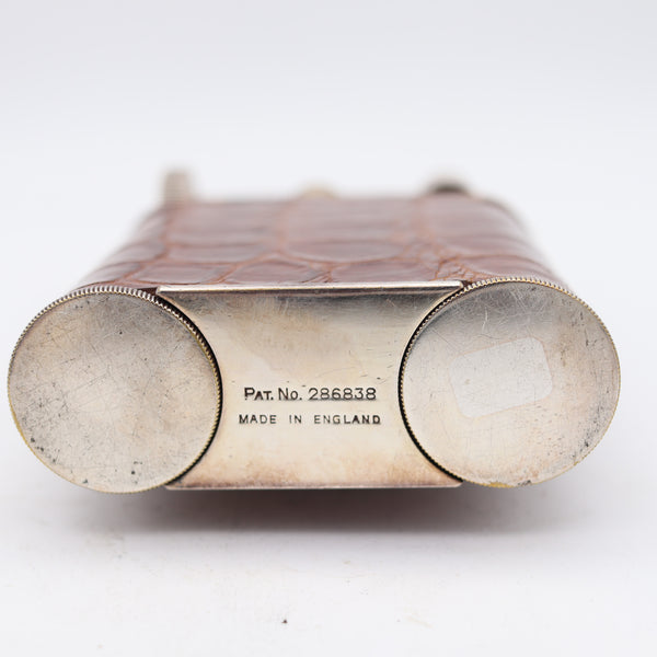 THE CLASSIC London 1928 Desk Petrol Roller Lighter-Clock In Silver & Lizard