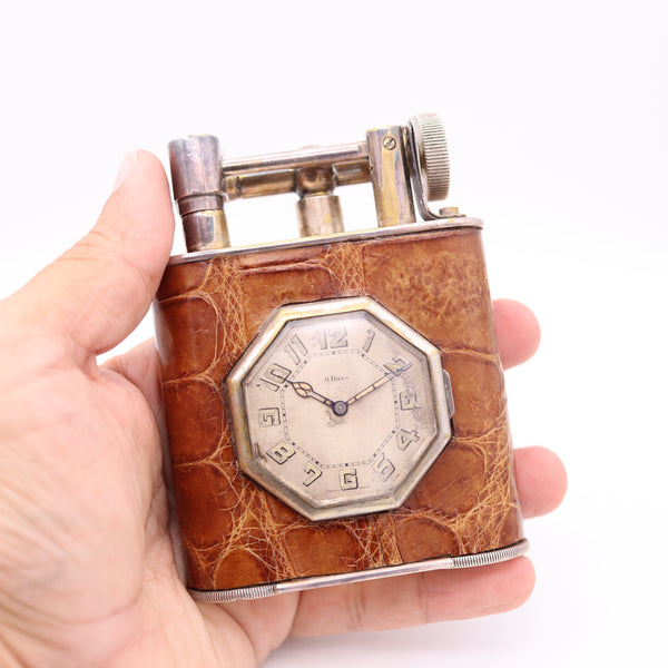 THE CLASSIC London 1928 Desk Petrol Roller Lighter-Clock In Silver & Lizard