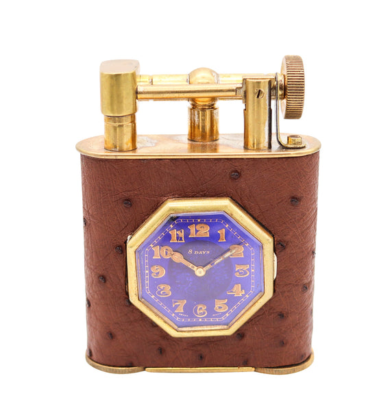 THE CLASSIC London 1928 Desk Petrol Roller Lighter-Clock In Gilt & Ostrich