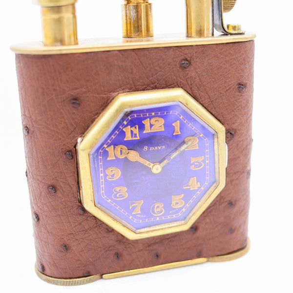 THE CLASSIC London 1928 Desk Petrol Roller Lighter-Clock In Gilt & Ostrich