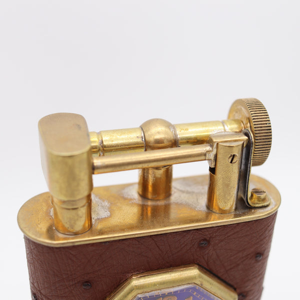 THE CLASSIC London 1928 Desk Petrol Roller Lighter-Clock In Gilt & Ostrich