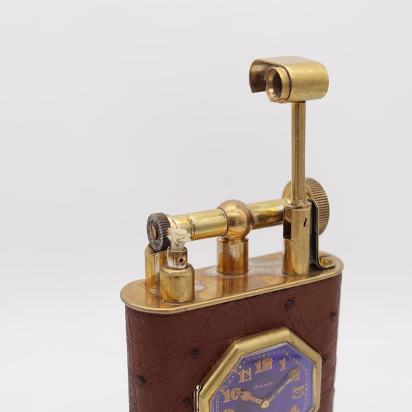 THE CLASSIC London 1928 Desk Petrol Roller Lighter-Clock In Gilt & Ostrich