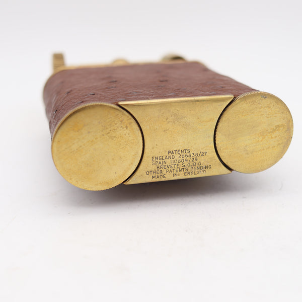 THE CLASSIC London 1928 Desk Petrol Roller Lighter-Clock In Gilt & Ostrich