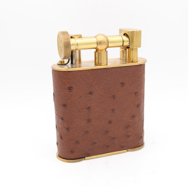 THE CLASSIC London 1928 Desk Petrol Roller Lighter-Clock In Gilt & Ostrich