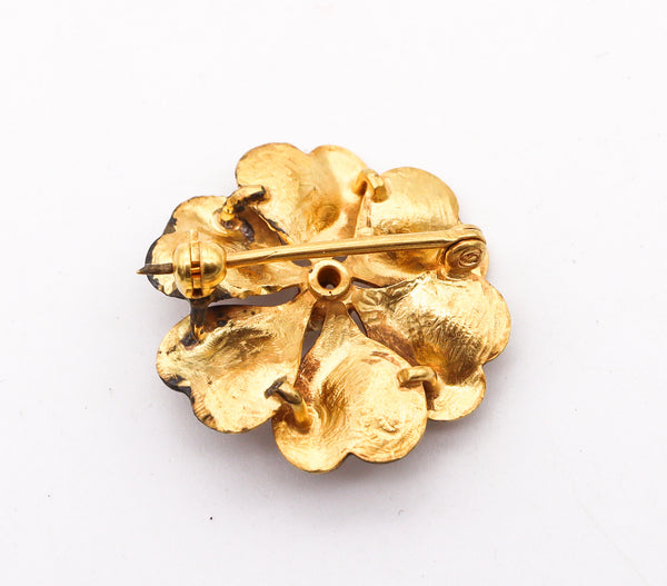 -Art Nouveau 1905 Edwardian Enameled Purple Flower Brooch in 14Kt Gold With Diamond