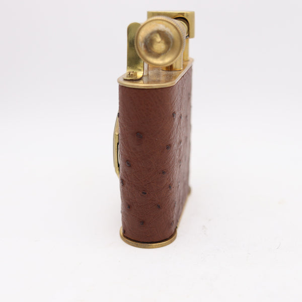 THE CLASSIC London 1928 Desk Petrol Roller Lighter-Clock In Gilt & Ostrich