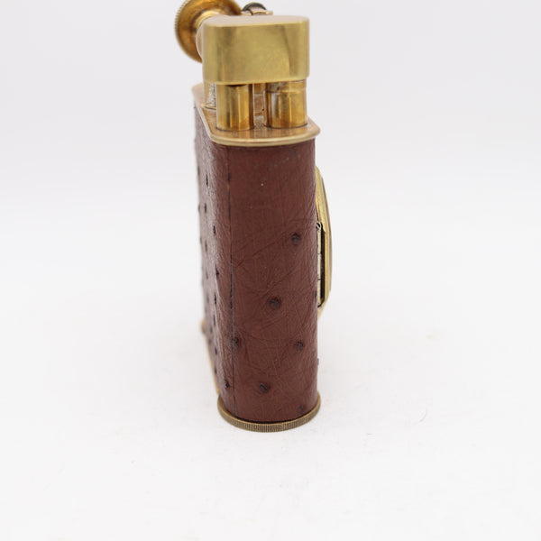 THE CLASSIC London 1928 Desk Petrol Roller Lighter-Clock In Gilt & Ostrich