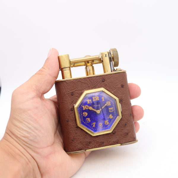 THE CLASSIC London 1928 Desk Petrol Roller Lighter-Clock In Gilt & Ostrich