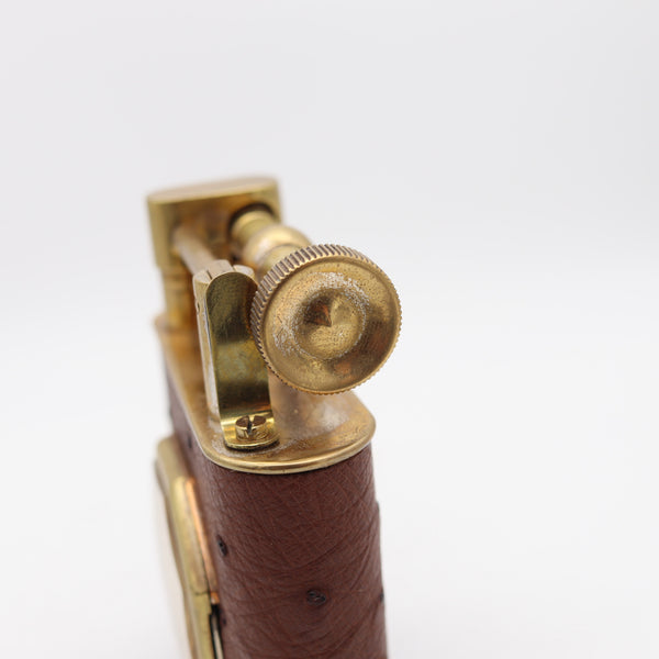 THE CLASSIC London 1928 Desk Petrol Roller Lighter-Clock In Gilt & Ostrich