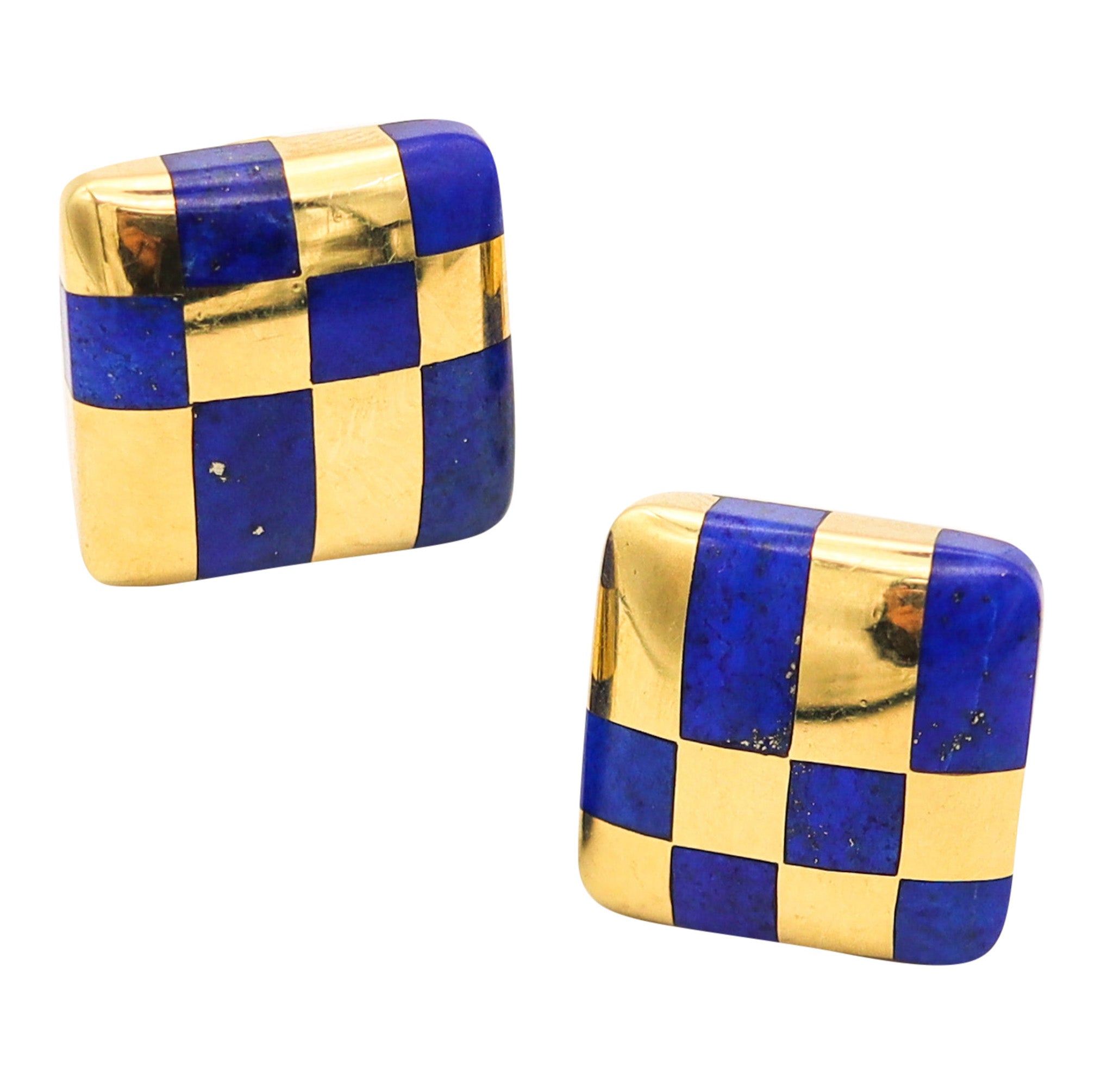 Tiffany & Co. 1982 Angela Cummings Lapis Checkerboard Earrings In 18Kt Yellow Gold