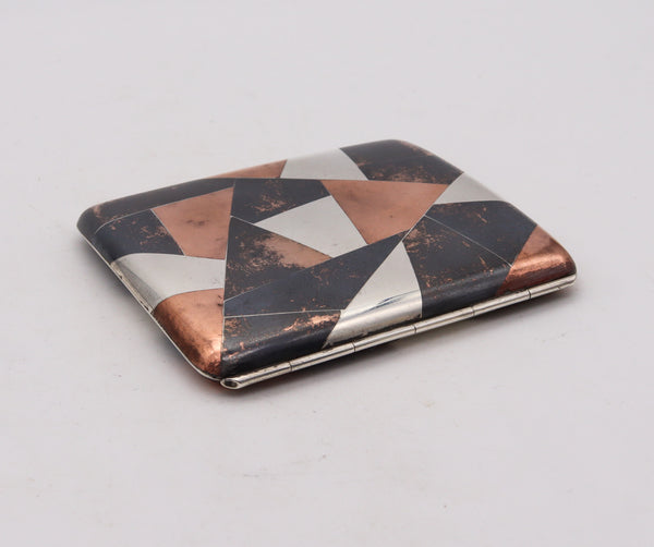 Germany 1925 Art Deco Geometric Cigarette Case In 925 Sterling Silver And Copper